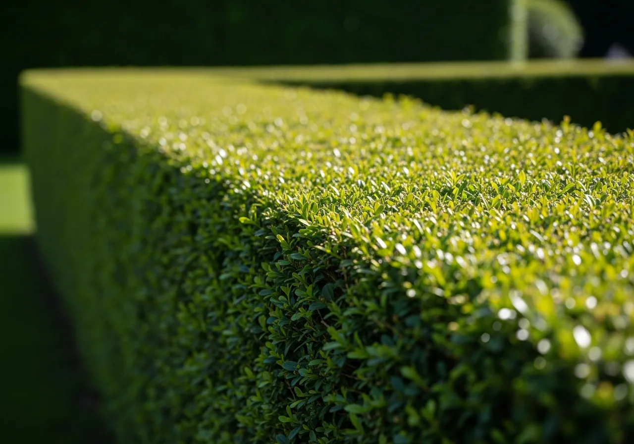 Gleichmäßig geschnittene grüne Hecke im Sonnenlicht