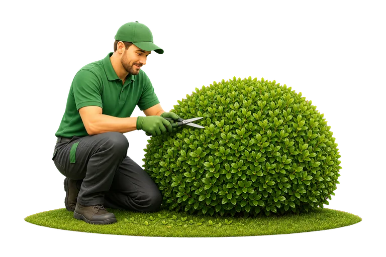 Gartenpfleger beim sorgfältigen Schnitt eines Strauchs