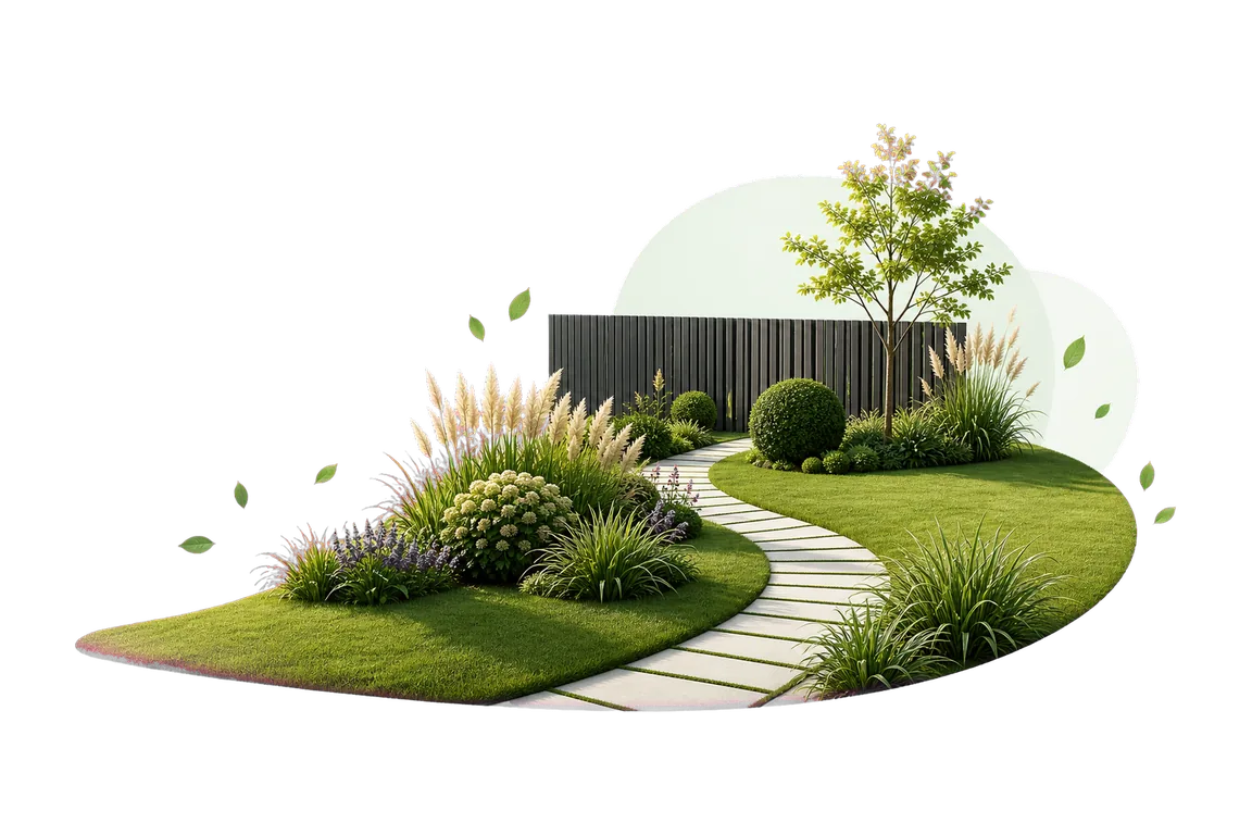 Gepflegter Garten mit Weg, Rasen und Sträuchern