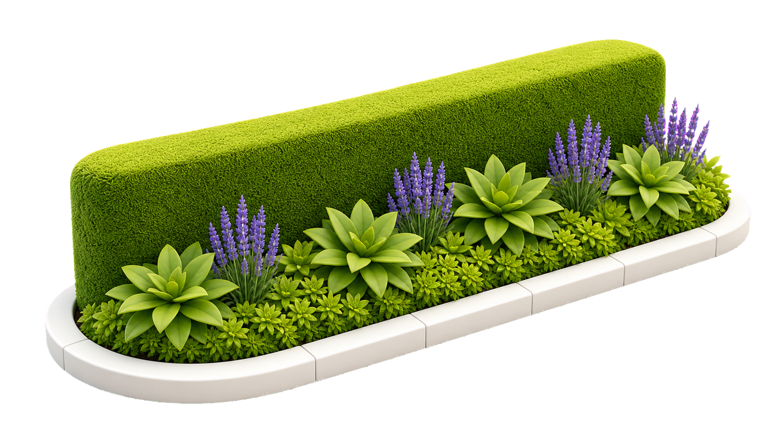 Miniaturgarten mit präzise geformter Hecke, Stauden und weißer Einfassung