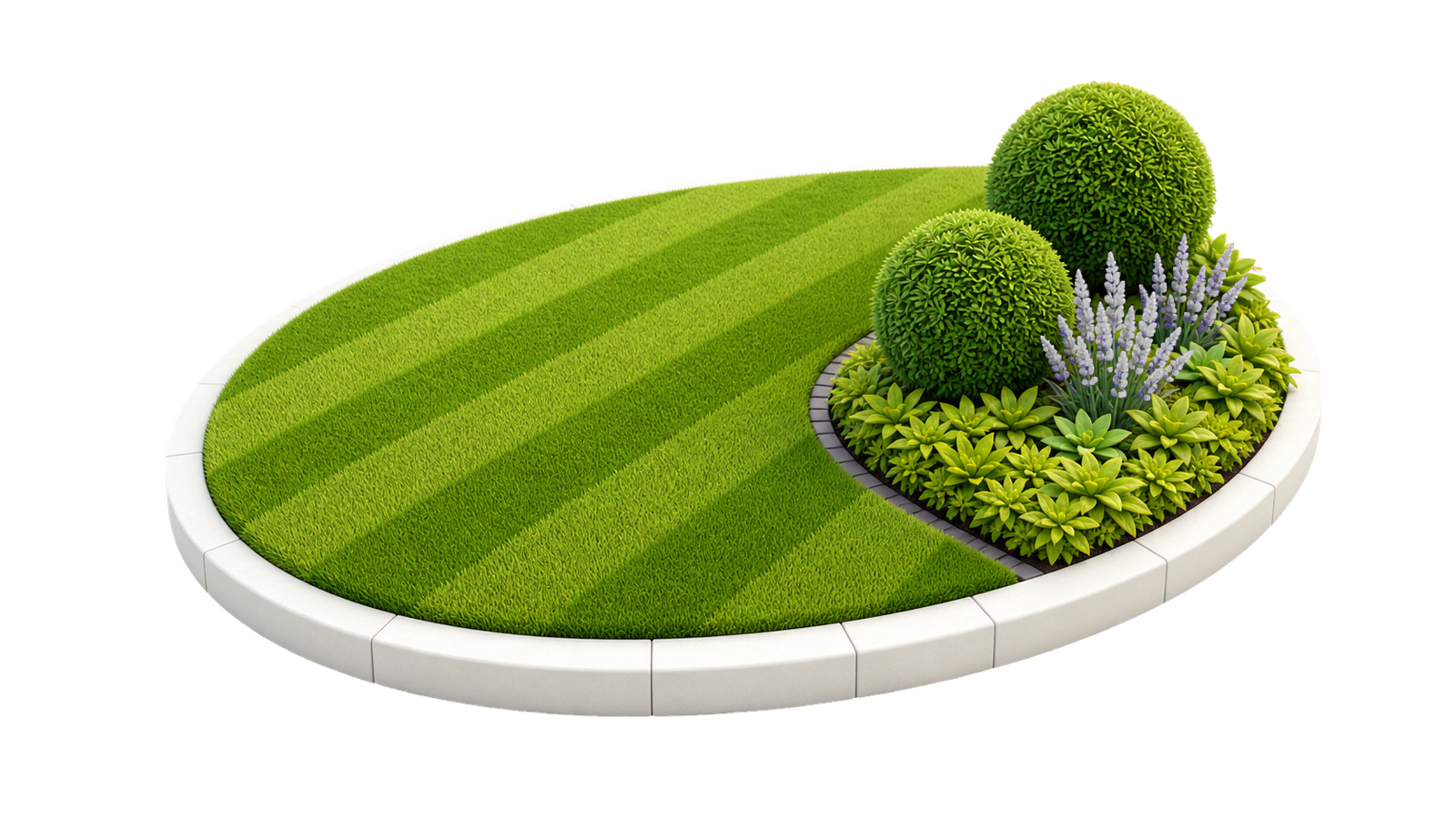 Miniaturgarten mit gleichmäßig gestreiftem Rasen und dichter Randbepflanzung