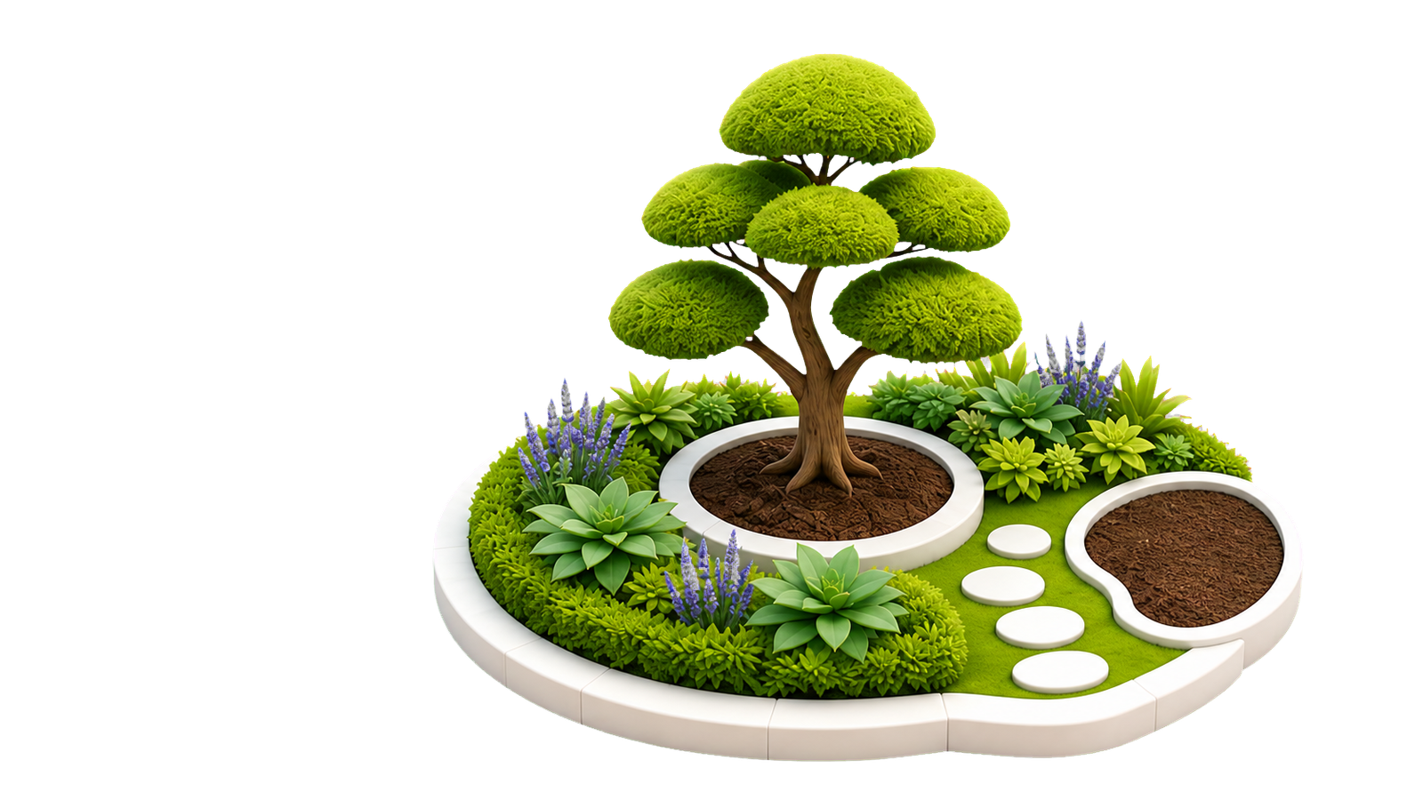 Miniaturgarten mit wolkenförmig geschnittenem Baum, Stauden und Trittsteinen