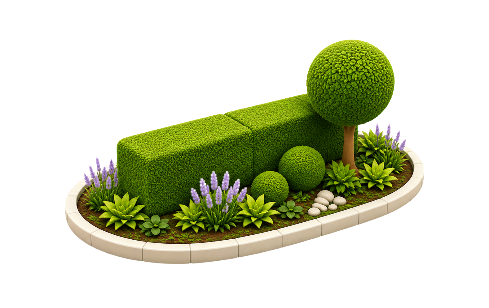 Miniaturgarten mit präzise geformter Hecke und rundem Formschnittbaum