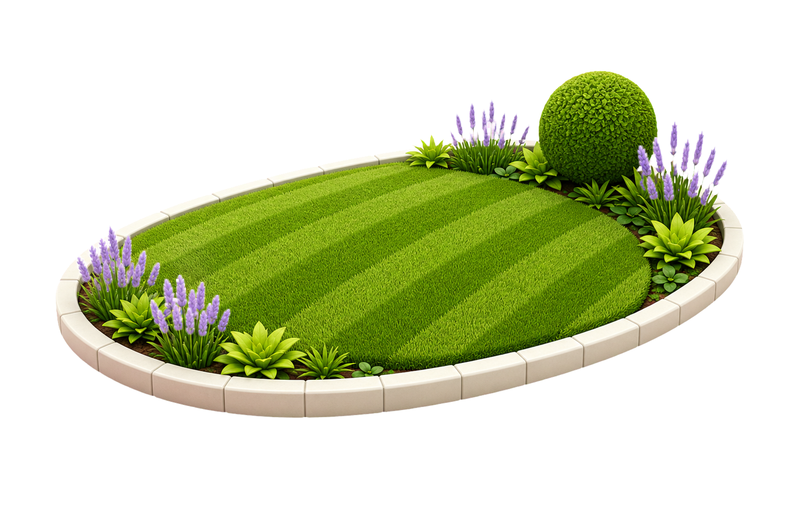 Miniaturgarten mit dichtem gestreiftem Rasen, Lavendel und Formschnitt