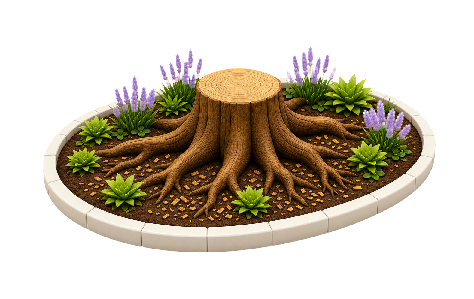 Miniaturgarten mit freigelegtem Baumstumpf und sichtbarem Wurzelwerk